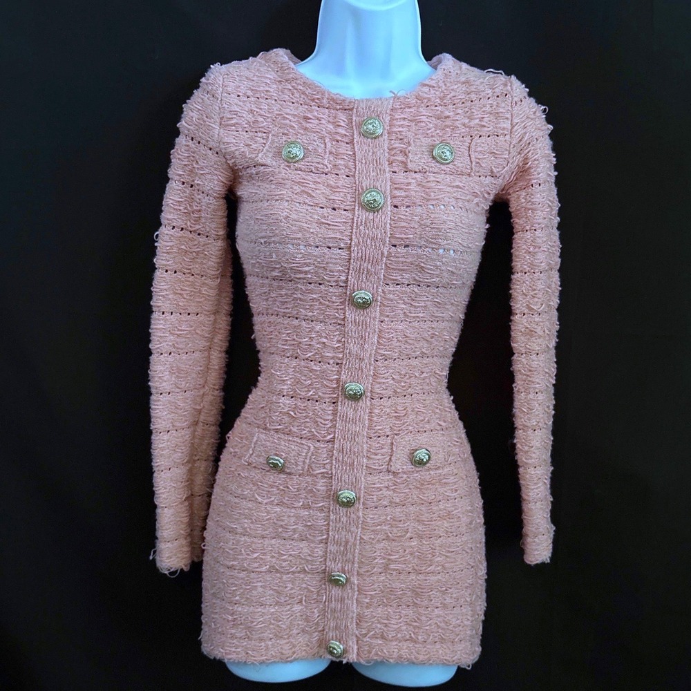 Balmain Knit Dress Pink Button Boucle Bodycon Pastel Academia Legally Blonde Fem